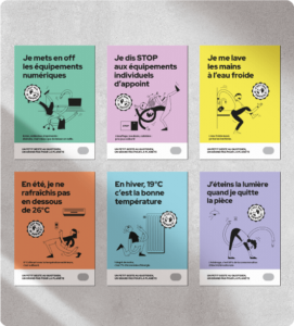 Photographie montrant 6 affiches réalisées pour Advizeo. Je veux ici montrer toutes mes illustrations.
