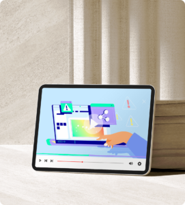 Une tablette sur un fond graphique beige. Dans la tablette il y a une illustration pour l'animation, motion design.