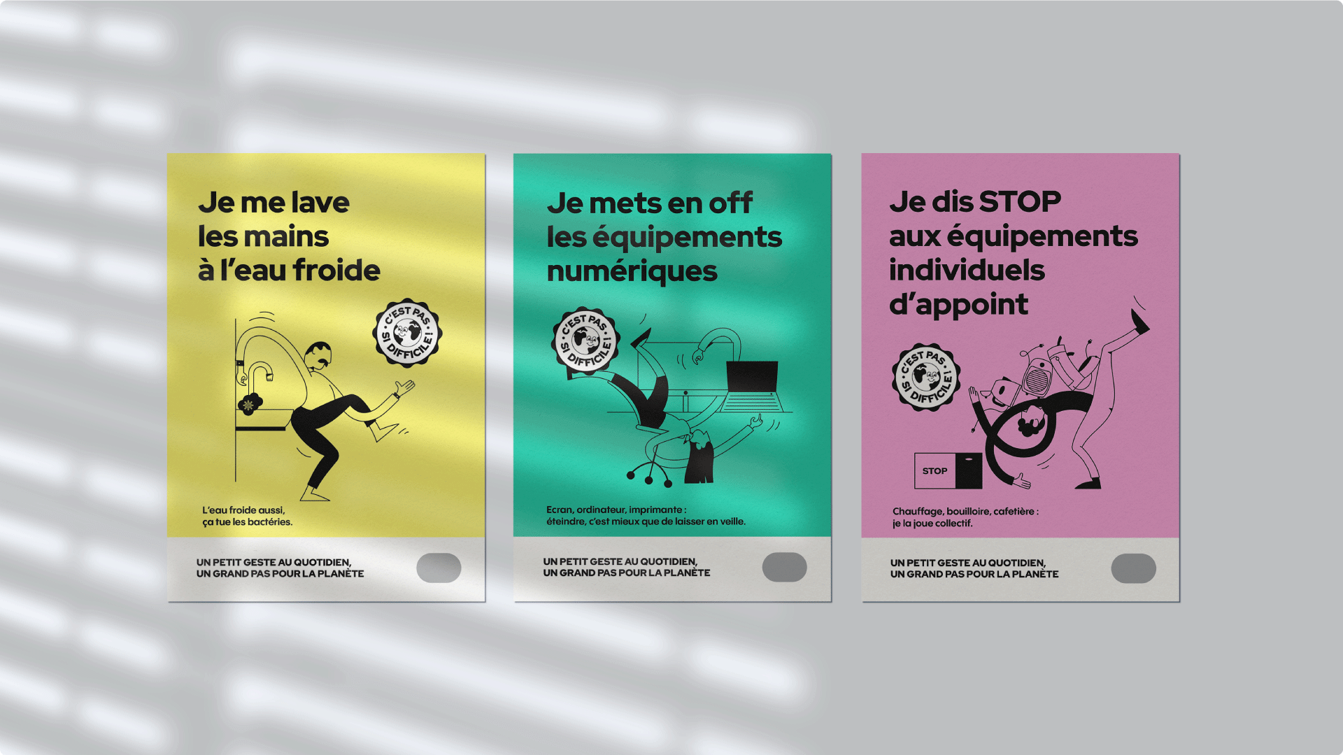 3 affiches différentes avec des illustrations humoristiques représentant la simplicité des écogestes.